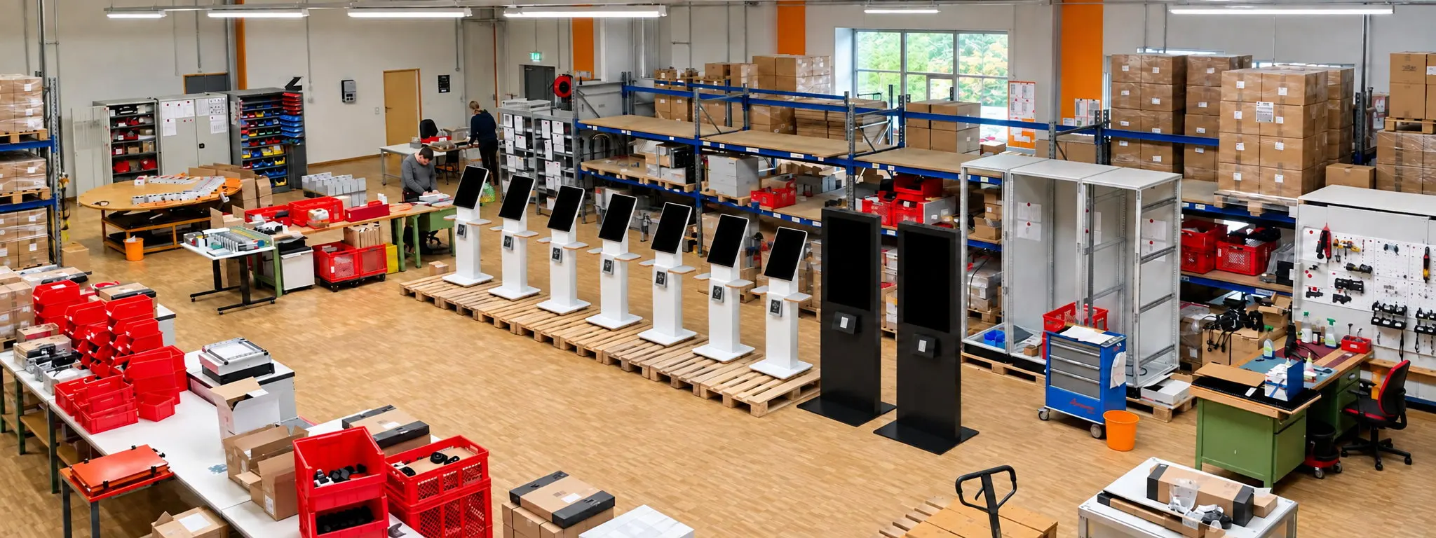 Blick in die Werkstation-Produktionshalle: an einer langen Fertigungsreihe stehen fertig montierte Stelen und Terminalgehäuse, dahinter arbeiten Mitarbeiter an den Montageplätzen.