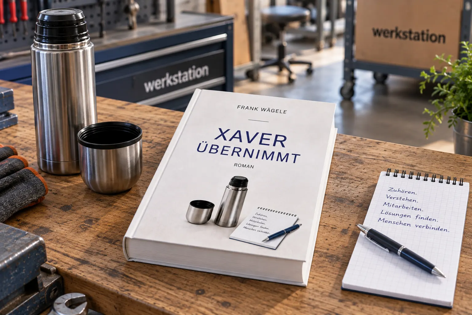 Der Roman „Xaver übernimmt“ liegt aufgeschlagen neben einem zweiten Exemplar auf einer Holzwerkbank, daneben ein Stift und eine Tasse Kaffee.