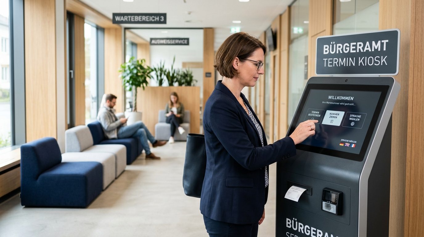 Self-Service-Terminal im Eingangsbereich eines Bürgeramts, eine Bürgerin bedient den Touchscreen zur Terminvergabe