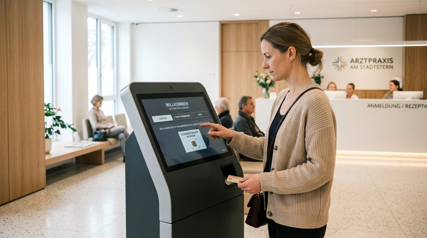 Patientin checkt sich an einem Self-Service-Terminal in einer hellen Arztpraxis-Rezeption ein