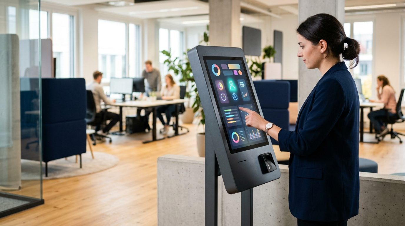 Mitarbeiterin nutzt ein Self-Service-Terminal zur Zeiterfassung in einem modernen Büro