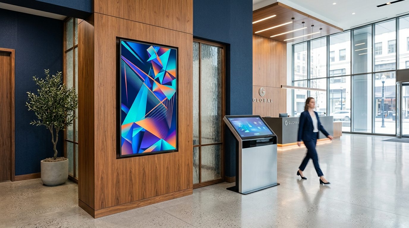 Digital-Signage-Display und Info-Stele in einer modernen Empfangshalle