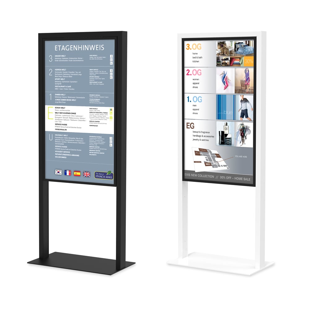 Digitales Werbedisplay bzw. Digitaler Kundenstopper JENNI (55″ Zoll Monitor). Gehäuse in Tiefschwarz oder Signalweiß. Optionen: WiFi, Mini PC, Bodenplatte.