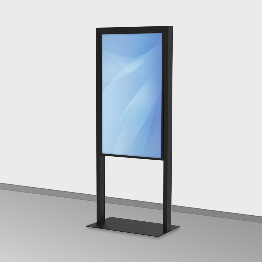 Digitaler Kundenstopper JENNI (55″ Zoll Display) als Werbestele. Gehäuse in Tiefschwarz oder Signalweiß. Optionen: WiFi, Mini PC, Bodenplatte.