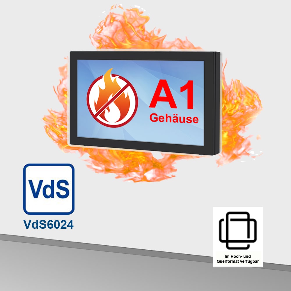 Brandschutz-Monitor bzw. Schutzgehäuse DANI FP Pro (43″, 50″, 65 Zoll Display). A1. E120 ESG. VdS 6024. Optionen: Touchscreen, WiFi, Mini PC, VESA Wandhalterung.