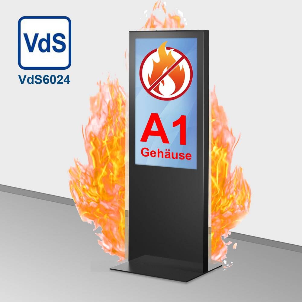 Digitale Werbestele LENA FP Pro (43″, 50″, 65 Zoll Display). Gehäuse in Tiefschwarz (RAL 9005). Mit A1, E120 ESG, VdS 6024. Optionen: Touchscreen, WiFi, Mini PC, Lautsprecher, Bodenplatte.