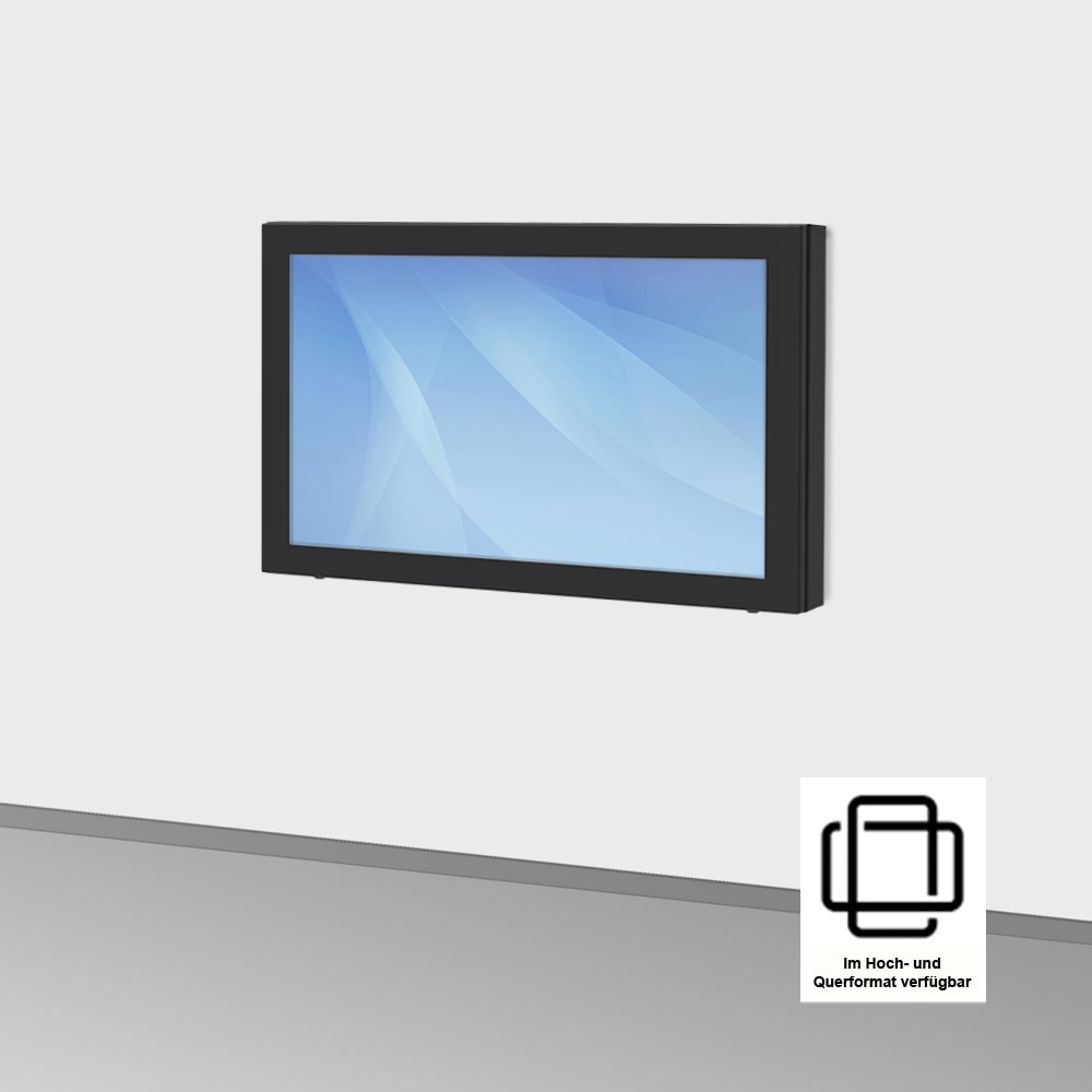 Monitor Schutzgehäuse, Digitaler Schaukasten DANI (43″, 50″, 65 Zoll Display). Gehäuse in Tiefschwarz (RAL 9005). Optionen: Touchscreen, WiFi, Mini PC, VESA Wand.