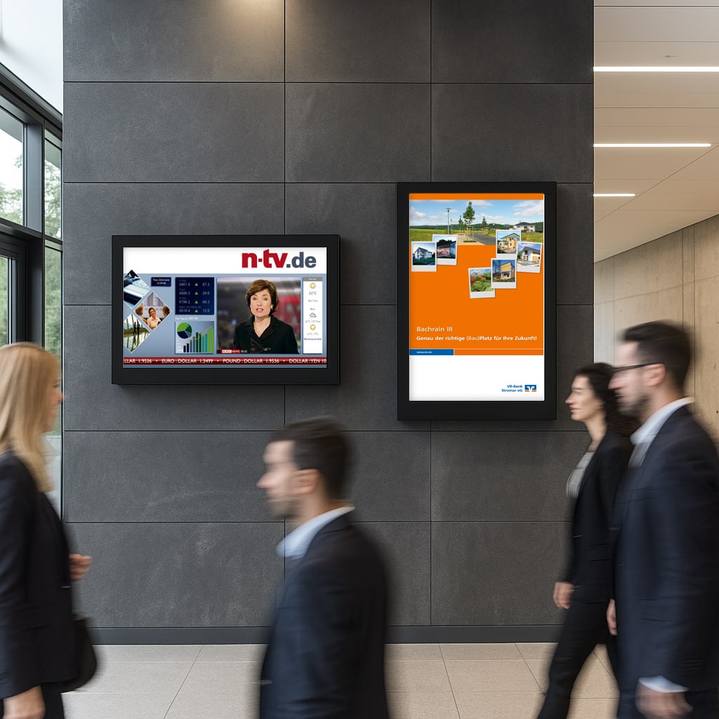 Digitale Werbetafel, Digitales Werbedisplay DANI. Verfügbar in 43, 50, 65 Zoll Displaydiagonale. Hoch- und Querformat.