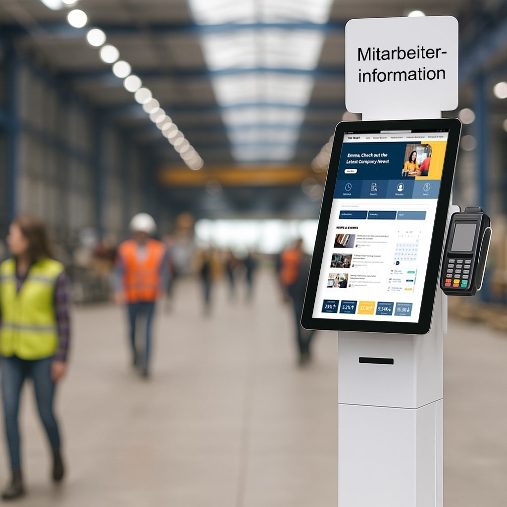 Self Service Kiosk Terminal MICHL (16“ - 22 Zoll Touchscreen) als E-HR Mitarbeiter Terminal. Digitale Zeiterfassung und Personal-Management in Unternehmen & Organisationen.