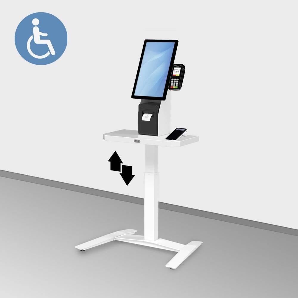 Barrierefreies Kiosk Terminal MICHL HUB (16“ - 22 Zoll Touchscreen). Höhenverstellbar und mobil. Optionen: Kartenlesegerät, Barcodescanner, Bondrucker u.v.m.