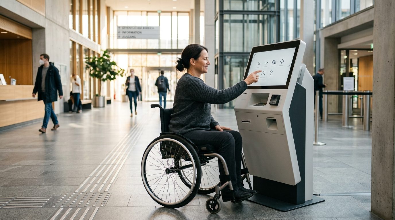 Person im Rollstuhl bedient ein höhenverstellbares, barrierefreies Self-Service-Terminal