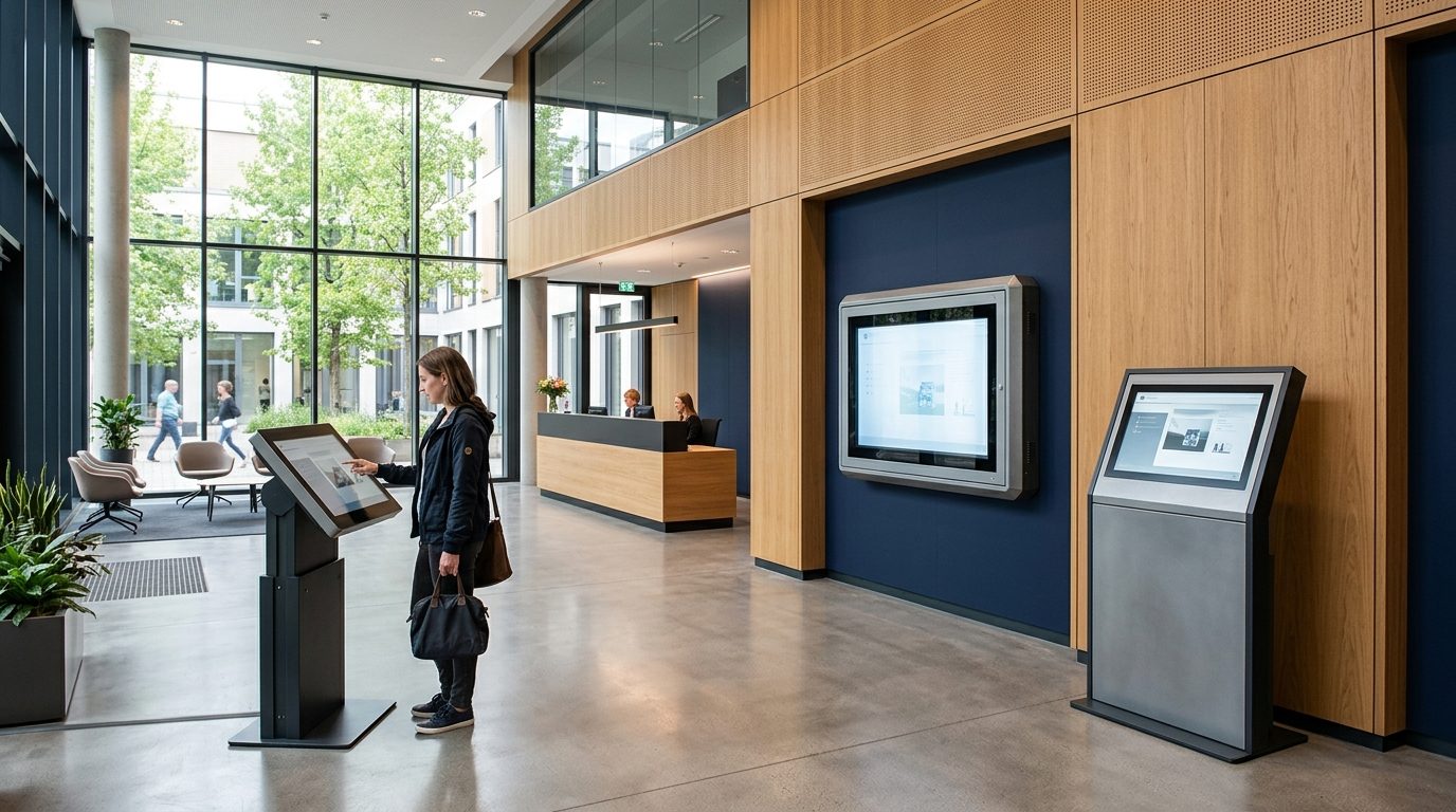 Verschiedene barrierefreie und brandschutzzertifizierte Terminal- und Display-Lösungen in einer Empfangshalle