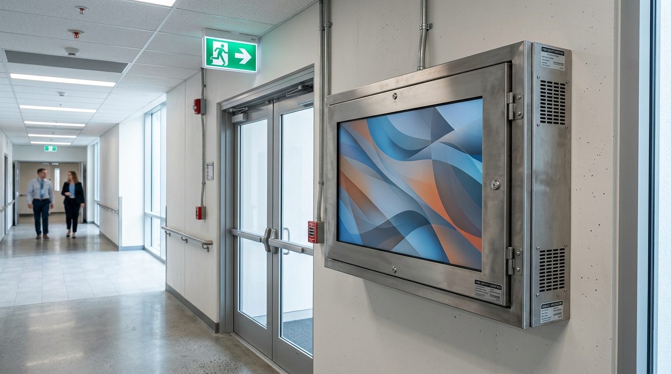 Brandschutz-zertifiziertes Monitor-Schutzgehäuse an einer Flurwand neben einem Notausgang