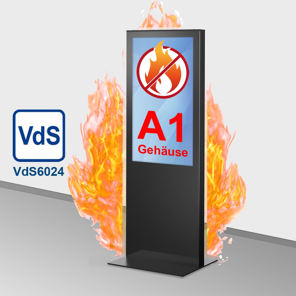Digitale Stele LENA FP Pro (43″, 50″, 65 Zoll Display). Gehäuse in Tiefschwarz oder Signalweiß. Optionen: A1, E120 ESG, VdS 6024, Touchscreen, WiFi, Mini PC, Lautsprecher, Bodenplatte.