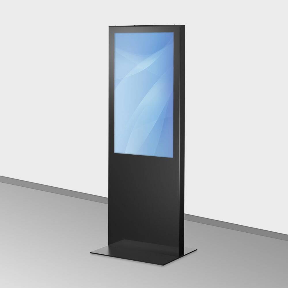 Digitale Stele LENA (43″, 50″, 65 Zoll Display) als Info- und Werbestele. Gehäuse in Tiefschwarz oder Signalweiß. Optionen: Touchscreen, WiFi, Mini PC, Lautsprecher, Bodenplatte.