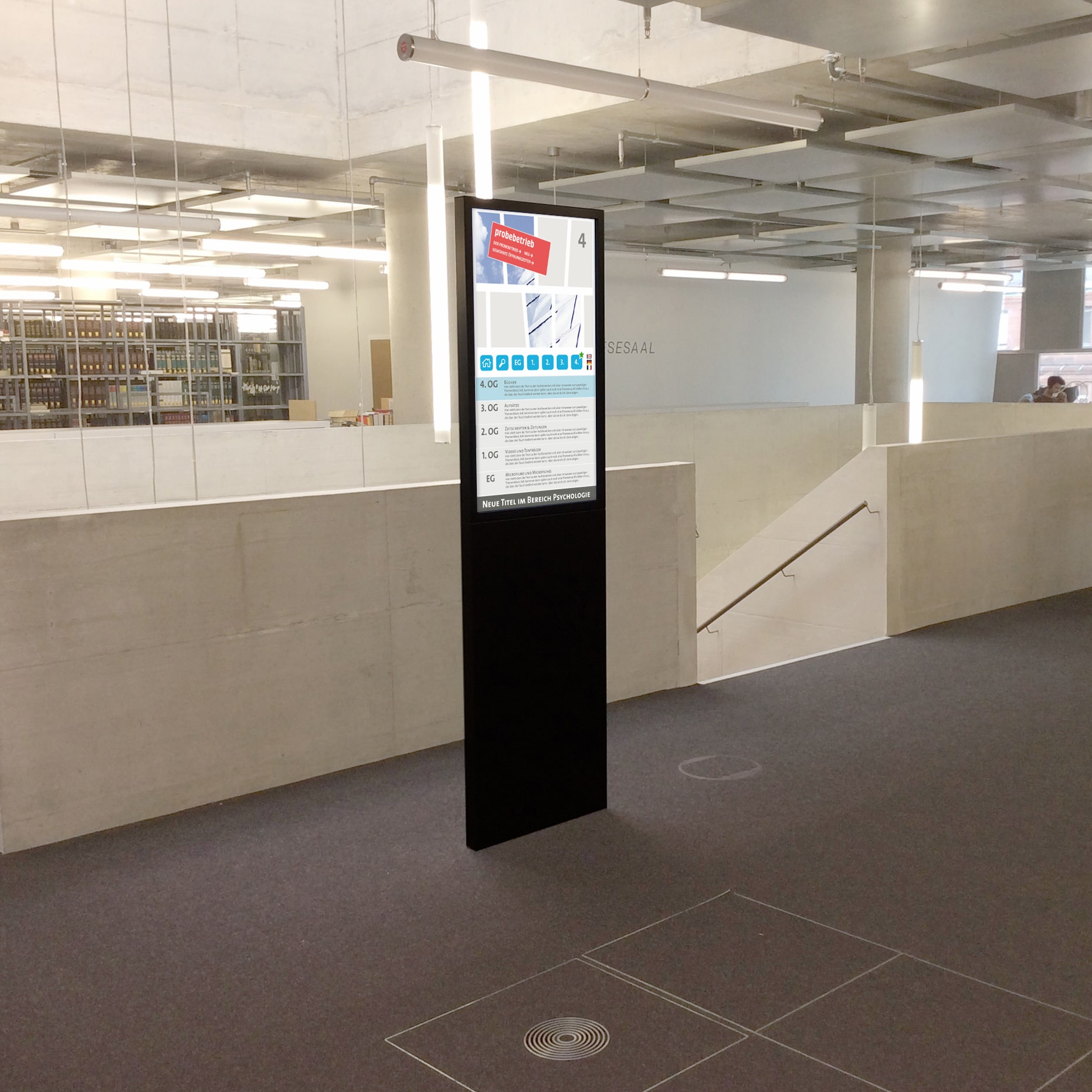 Digital Signage in der Universitätsbibliothek Freiburg.