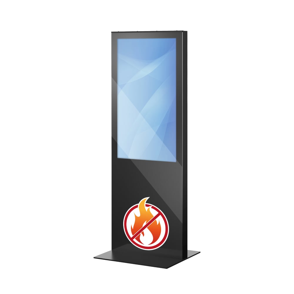Brandschutz Digital Signage Info-Stele und Werbe-Stele Lena FP Pro (50 Zoll Display) mit zertifizierter Brandschutz-Ausstattung für Flucht- und Rettungswege.
