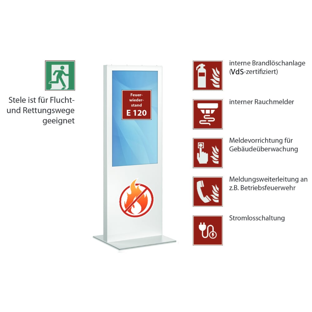Brandschutz Digital Signage Info-Stele und Werbe-Stele Lena FP Pro (50 Zoll Display) mit zertifizierter Brandschutz-Ausstattung für Flucht- und Rettungswege.