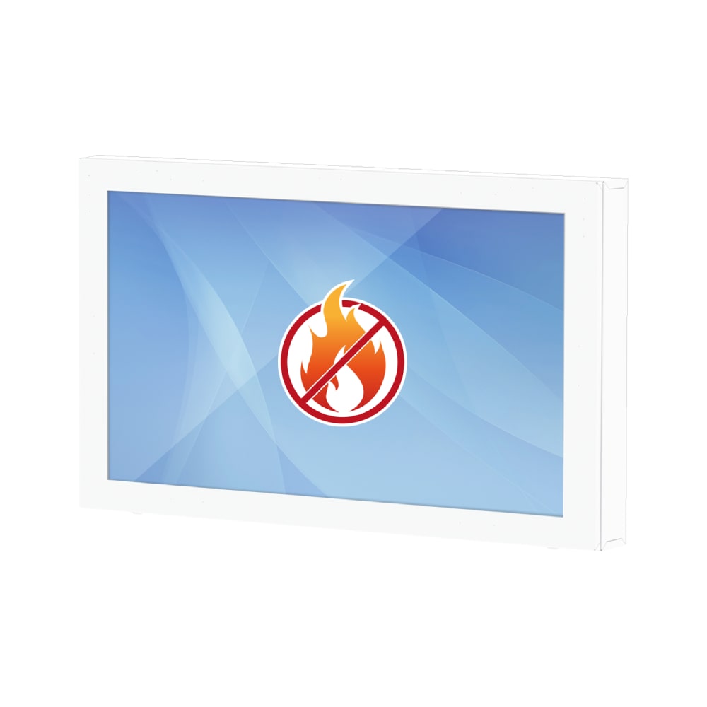 Brandschutz Displaygehäuse Dani als Einhausung (Umhausung) für Digital Signage Displays. Verfügbar in 50 Zoll und wahlweise mit Touchscreen und zertifizierter Brandschutz-Ausstattung.