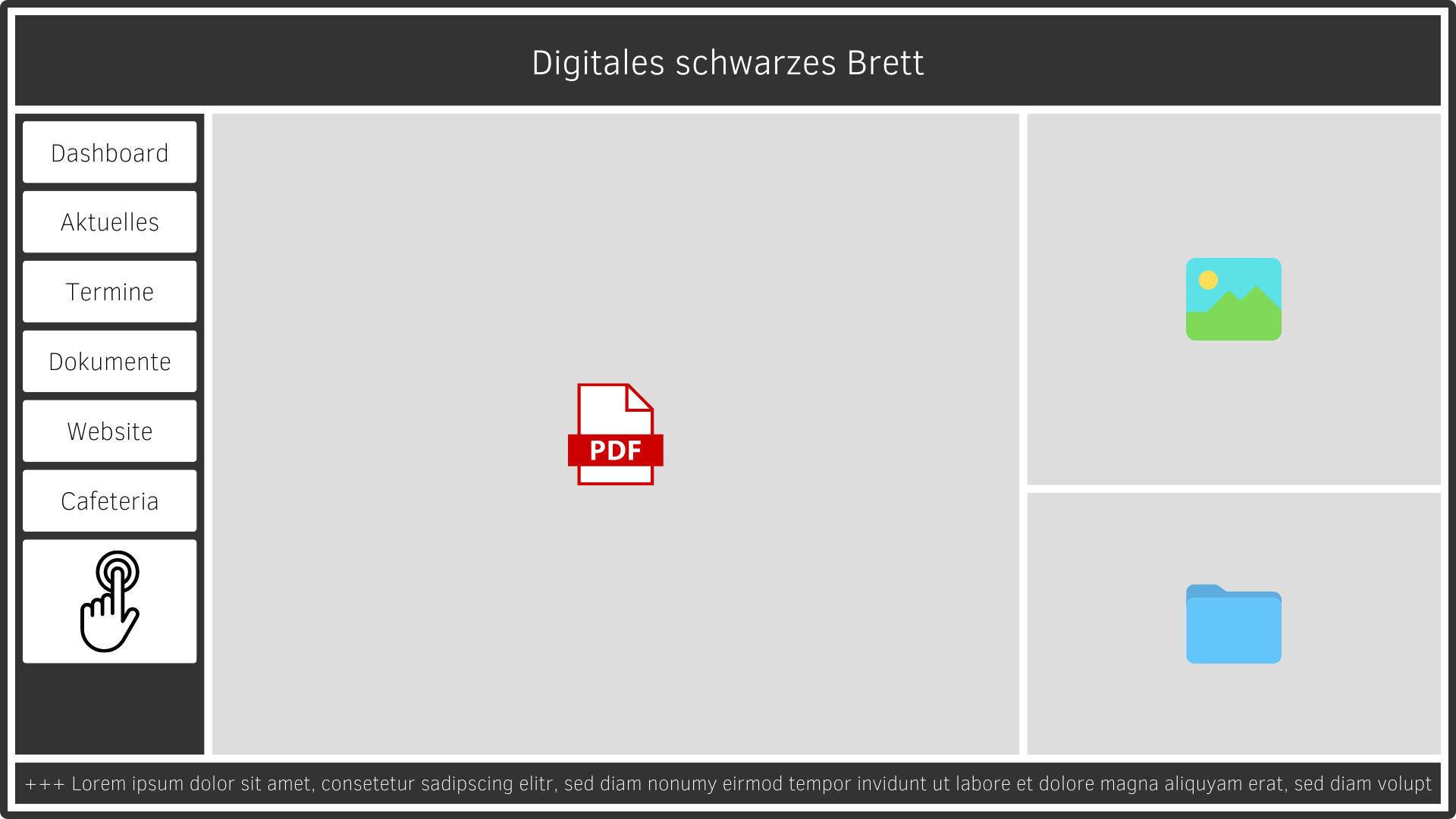 Digital Signage Software Features: Freie und pixelgenaue Bildschirmaufteilung für Medieninhalte aller Art. Touchscreen-Elemente für ein interaktives Digitales schwarzes Brett.