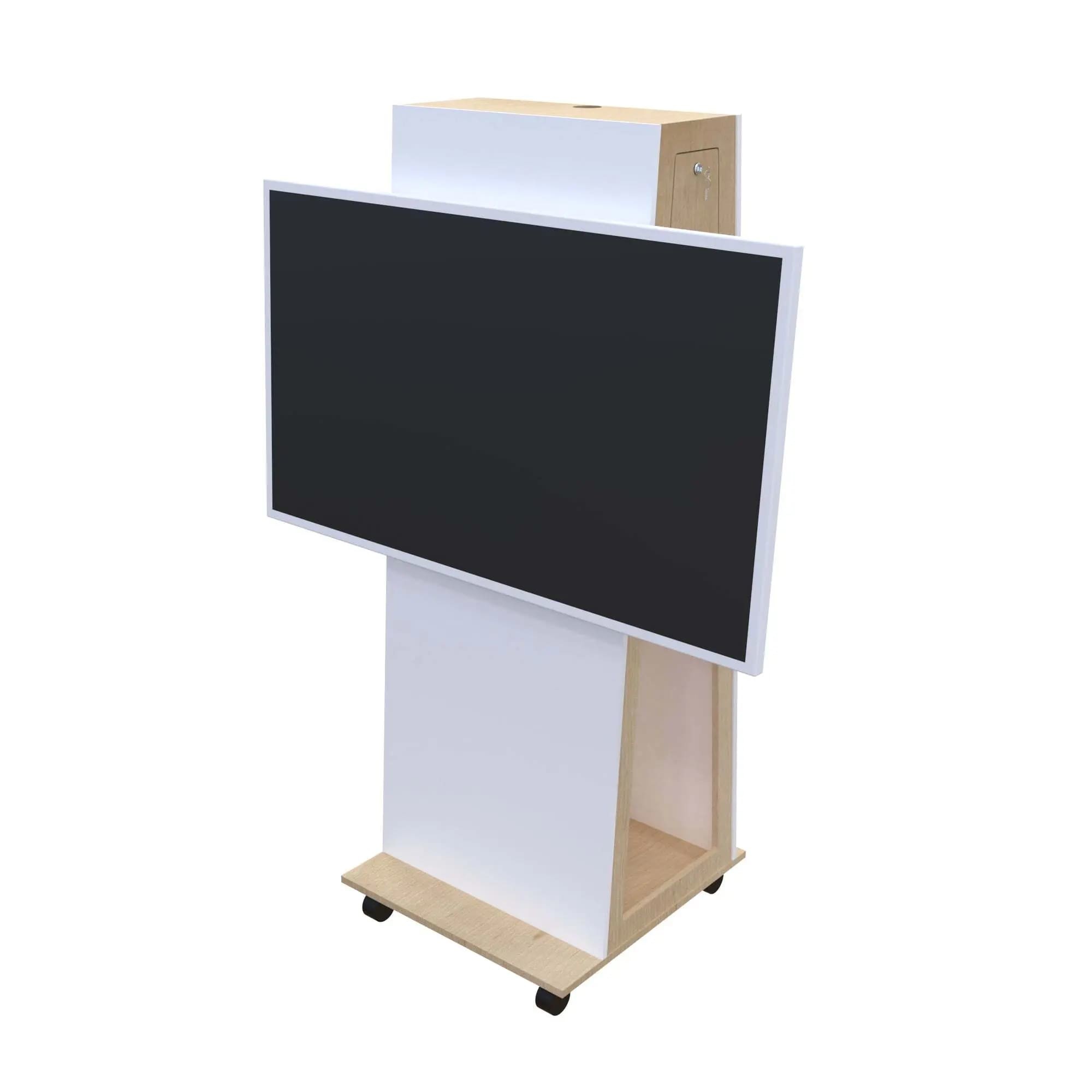 Monitor Standfuß Thola mit einem Whiteboard-Display (Querformat) als Digitales Whiteboard und Digitale Tafel. Besonderheiten: Abschließbare Serviceklappe, VESA-Drehgelenk zur Displayrotation (90°), Integrierte Rollen.