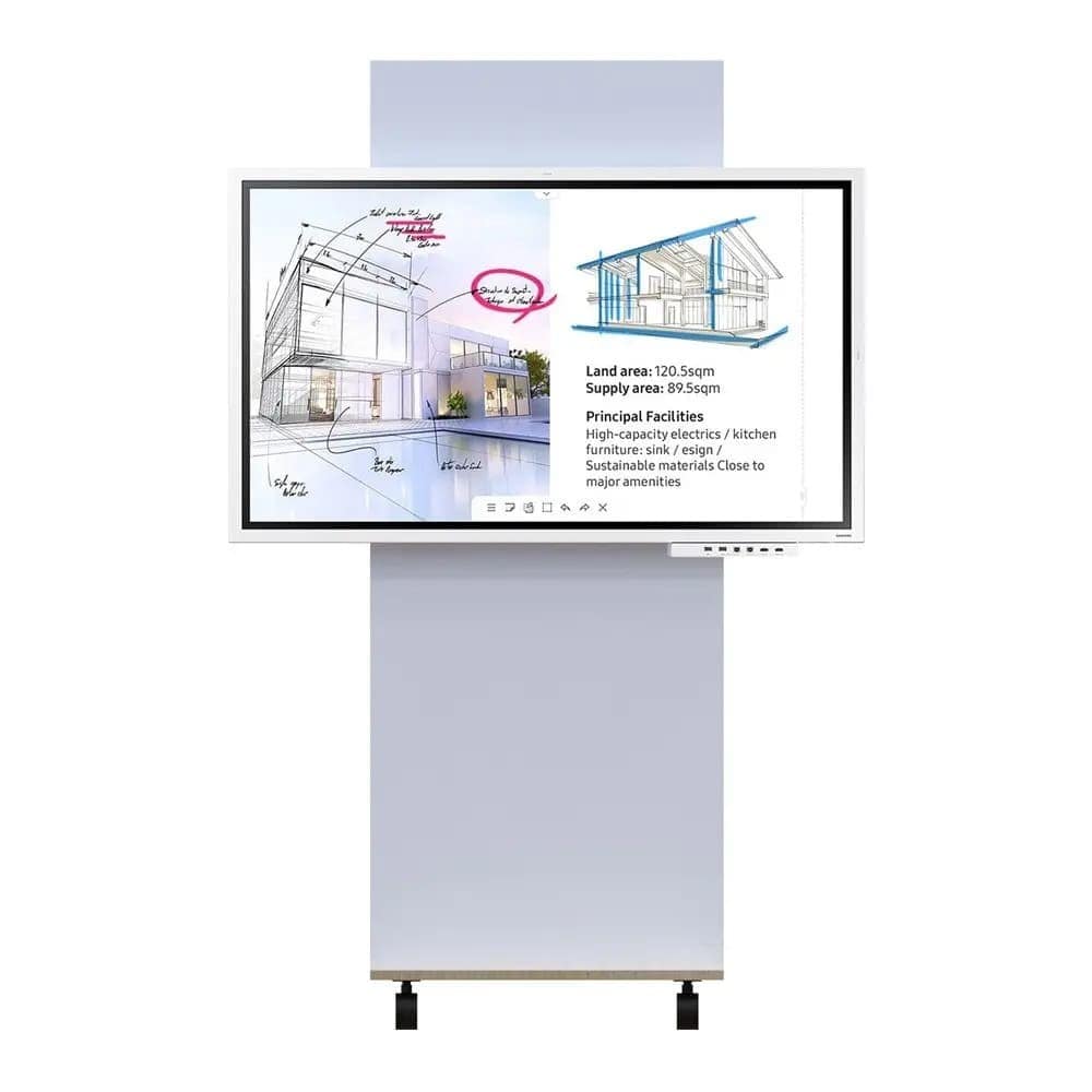 Vorderansicht des Digitalen Whiteboard / der Digitalen Tafel Thola mit integrierten Rollen und speziellem Whiteboard-Display mit praktischen Anschlüssen unterhalb des Displays.