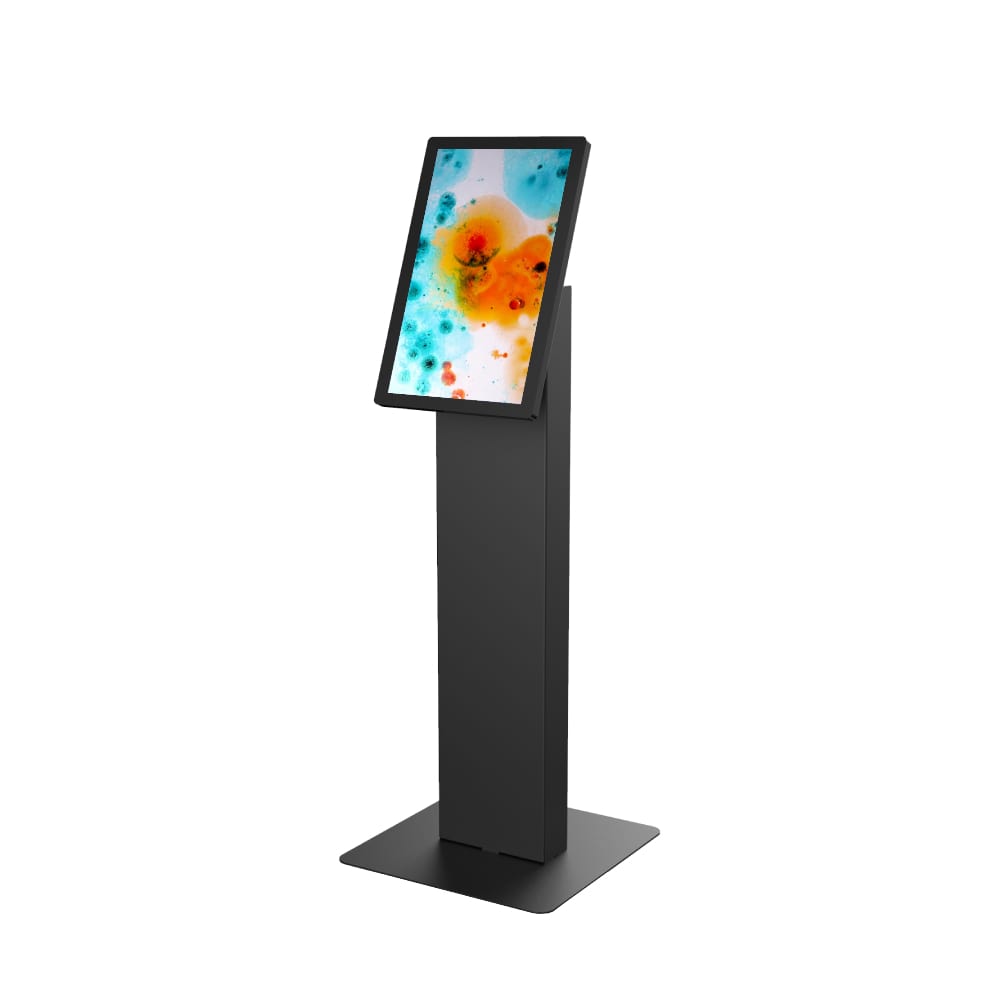 Touchscreen Info Terminal und Kiosksystem Jiska (22 bis 27 Zoll) für VESA Displays im Hochformat und Querformat mit Neigungsgelenk (90°).