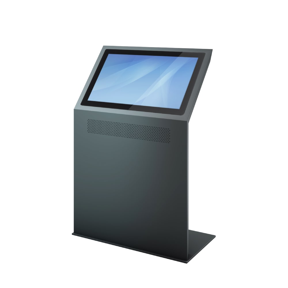 Touchscreen Kiosk Terminal Infopult Elon (22 bis 43 Zoll Display) mit einem flächenbündigem Display und optionalen Lautsprechern.
