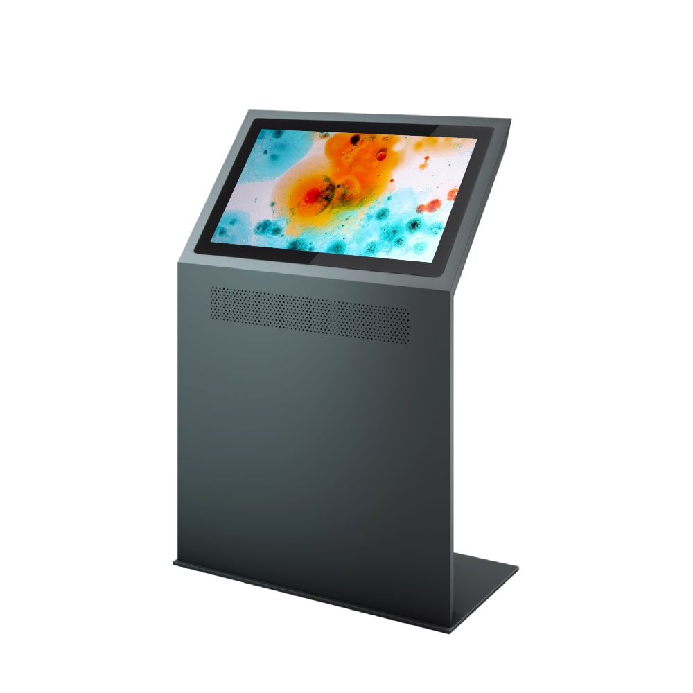 Touchscreen Kiosk Terminal Infopult Elon (22 bis 43 Zoll Display) mit einem flächenbündigem Display und optionalen Lautsprechern.