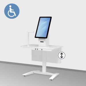 Barrierefreies Self Service Kiosk Terminal & Selbstbedienungsterminal MICHL HUB (22“ Zoll Touchscreen). Optionen: Stufenlos höhenverstellbar, Barrierefreiheit, Kartenlesegerät, Barcodeleser, Bondrucker, Webcam, Unterschriftenpad, u.v.m.