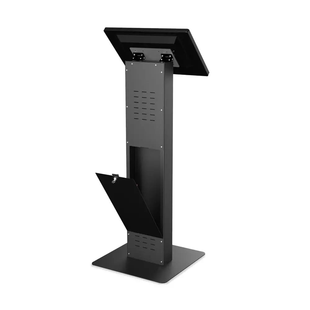 Infoterminal, Kiosk Terminal JISKA mit Touchscreen - wahlweise mit einer um 90° neigbaren VESA Displayaufnahme für verschiedene Bildschirmgrößen.