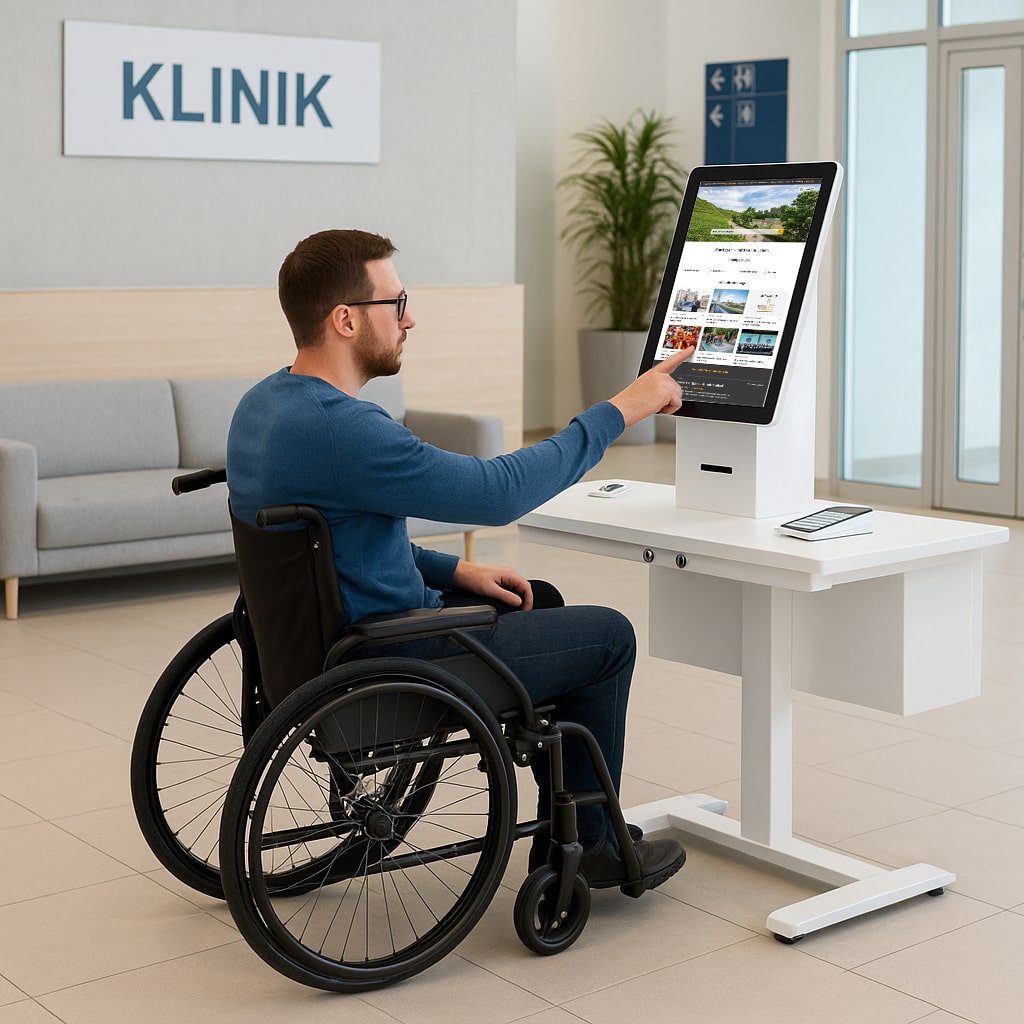 Self Service Kiosk Terminal MICHL (16“ - 22 Zoll Touchscreen) als E-Health Self Check-in Patiententerminal. Digitale Selbstanmeldung in Krankenhaus, Klinik und Facharztpraxen.