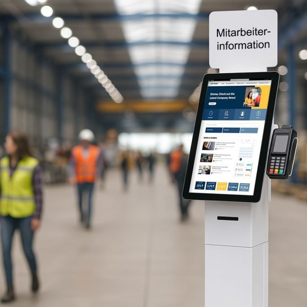 Self Service Kiosk Terminal MICHL (16“ - 22 Zoll Touchscreen) als E-HR Mitarbeiter Terminal. Digitale Zeiterfassung und Personal-Management in Unternehmen & Organisationen.