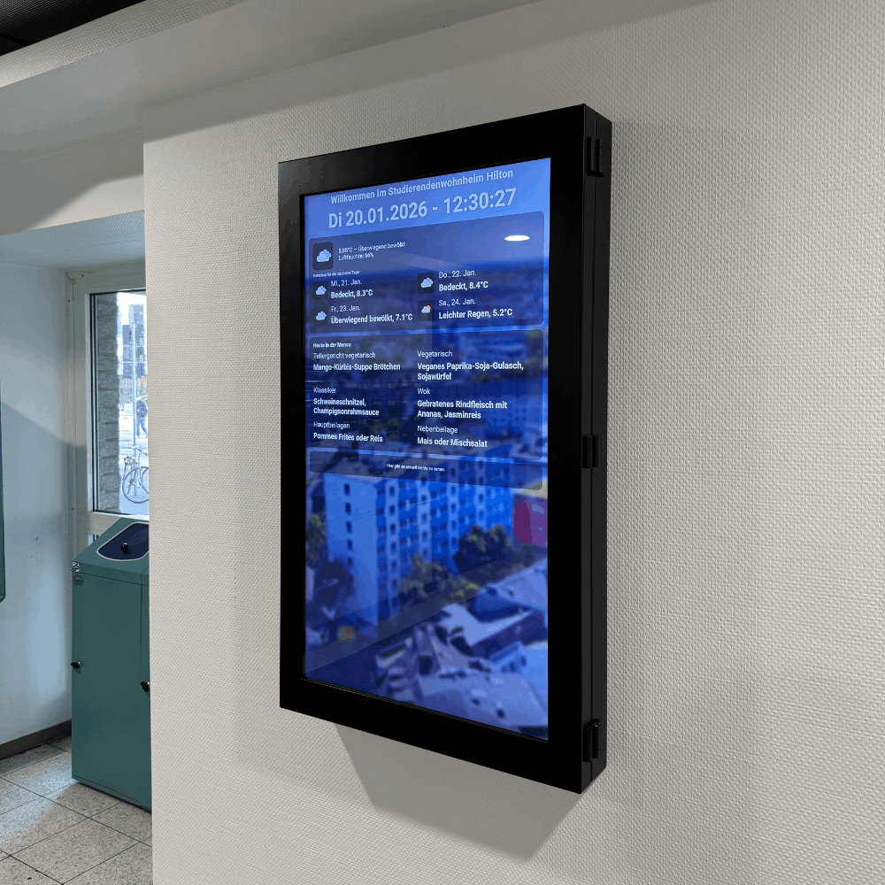 Detailansicht eines Digitalen Aushangs DANI FP Pro: Hochwertige Verarbeitung trifft auf maximale Sicherheit im Treppenhaus.