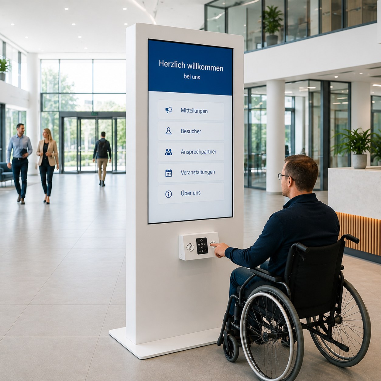 Barrierefreie Digital-Signage-Stele Lena mit Rollstuhlfahrer nach BIMK 4712:2026